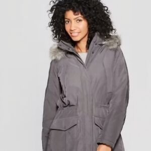Women's Gray Parka with Faux Fur Trim